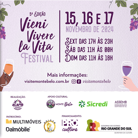 Vieni Vivere la Vita Festival em Monte Belo do Sul nos dias 15, 16 e 17 de novembro.